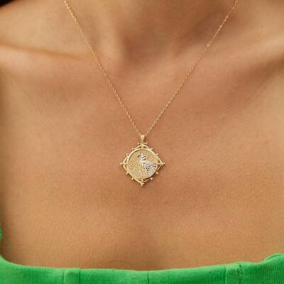 Kuşlu Plaka Altın Kolye - 1