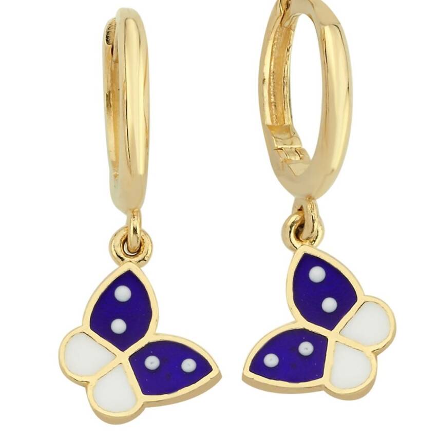 Lacivert Beyaz Mineli Kelebek Altın Çocuk Küpe - Semih Haşhaş Kuyumculuk