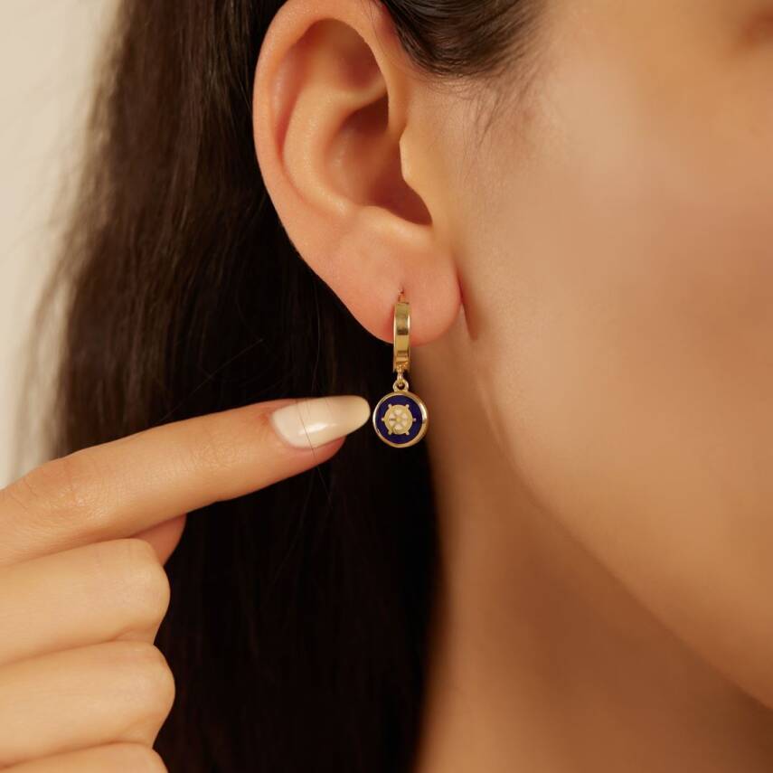 Lacivert Mineli Dümen Sallantılı Halka Altın Küpe - Semih Haşhaş Kuyumculuk