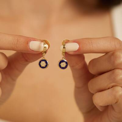 Lacivert Mineli Dümen Sallantılı Halka Altın Küpe - 2