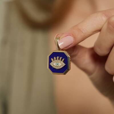 Lacivert Mineli Göz Altın Kolye Ucu - 1