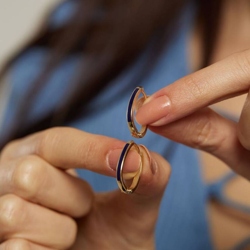 Lacivert Mineli Halka Altın Küpe - 3