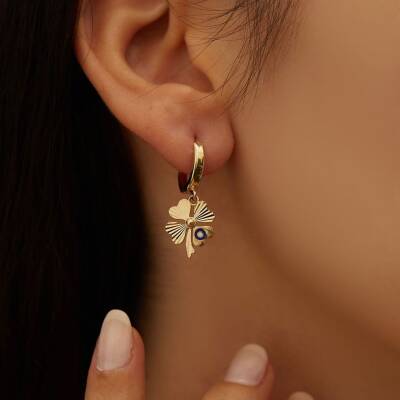 Lacivert Mineli Yonca Sallantılı Altın Küpe - 1