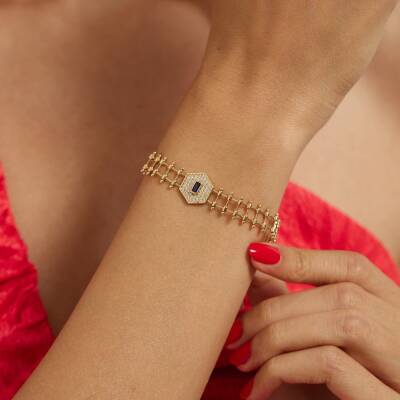 Lacivert Taş Detaylı Altın Tasarım Bileklik - 1