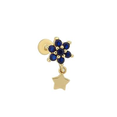 Lacivert Taşlı Çiçek Figürlü Yıldız Sallantılı Altın Tragus Küpe - 1
