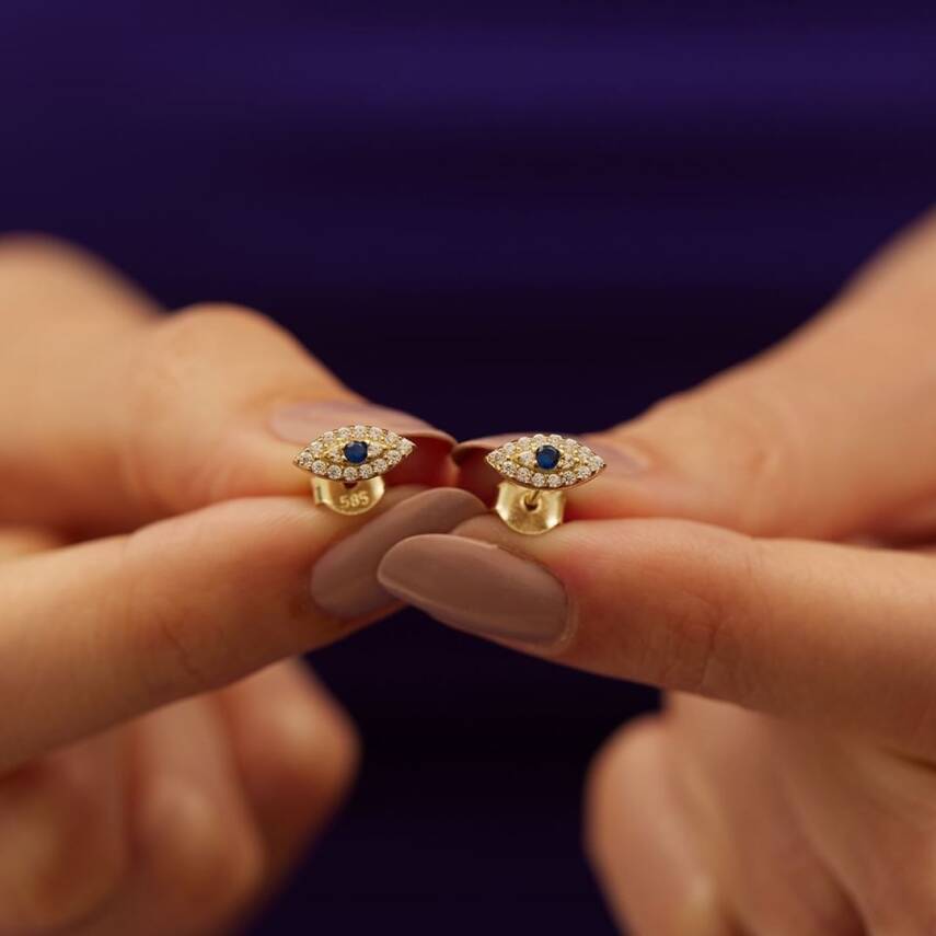 Lacivert Taşlı Göz Altın Küpe - 1