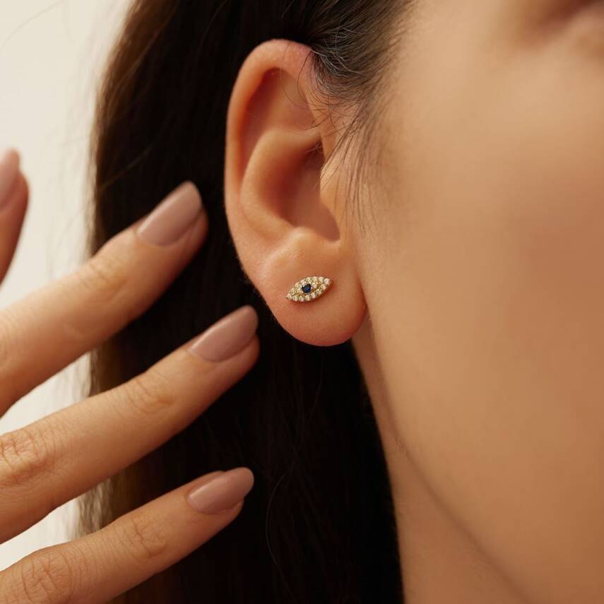 Lacivert Taşlı Göz Altın Küpe - 2