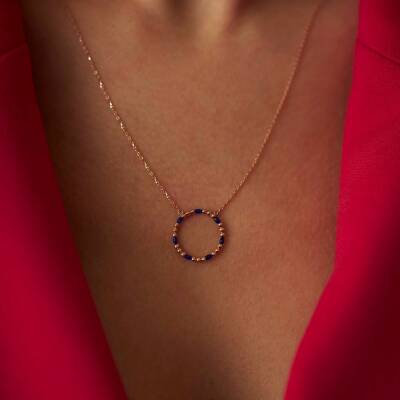 Lacivert Taşlı Yuvarlak Altın Kolye - 2