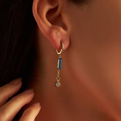 Mavi Baget Taşlı Altın Küpe - 1