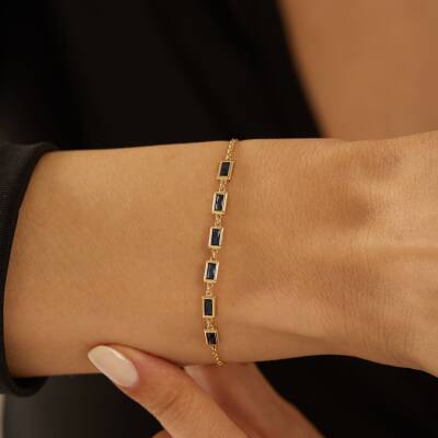 Mavi Dikdörtgen Taşlı Berrak Güzellik Altın Bileklik - 1