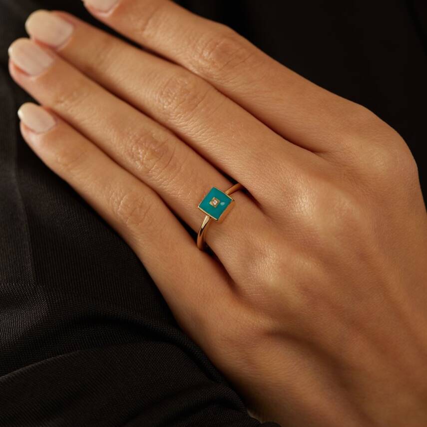 Mavi Kare Mineli Altın Yüzük - 1