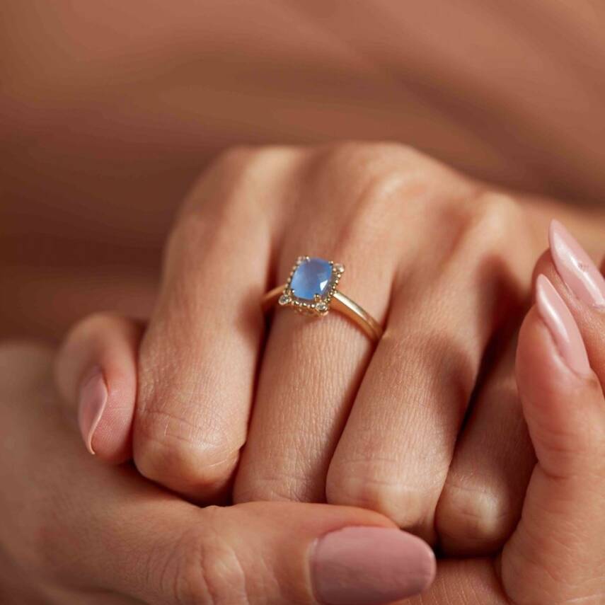 Mavi Kare Taşlı Altın Yüzük - 1