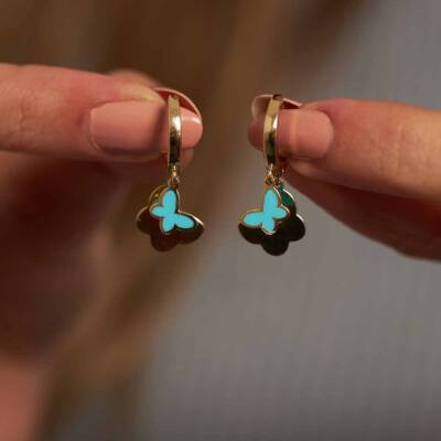 Mavi Kelebek Mineli Sallantılı Altın Küpe - 1