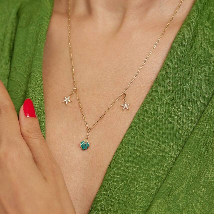 Mavi Mineli İstiridye Ve Taşlı Deniz Yıldızı Altın Kolye - 1