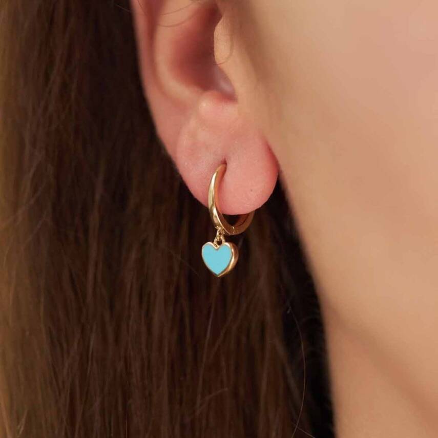 Mavi Mineli Kalp Sallantılı Halka Altın Küpe - Semih Haşhaş Kuyumculuk