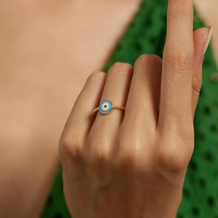 Mavi Mineli Nazar Boncuklu Minimal Altın Yüzük - Semih Haşhaş Kuyumculuk