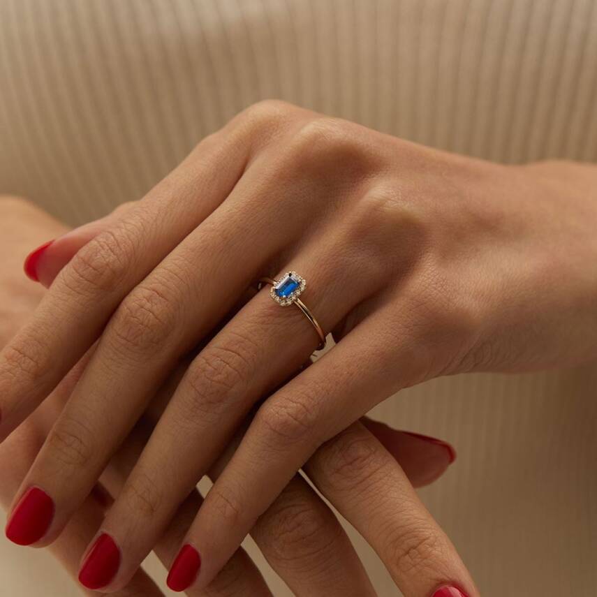 Mavi Taşlı Baget Altın Yüzük - 1