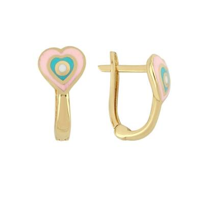 Mavi Ve Pembe Mineli Kalp Altın Çocuk Küpesi - 1