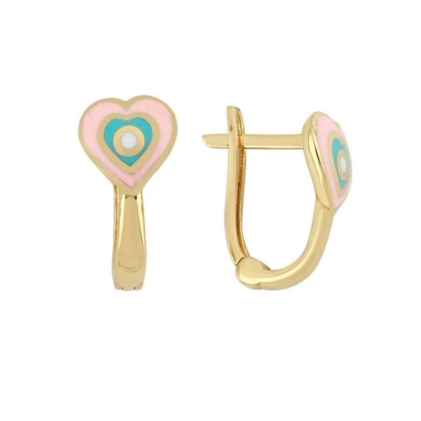 Mavi Ve Pembe Mineli Kalp Altın Çocuk Küpesi - 1