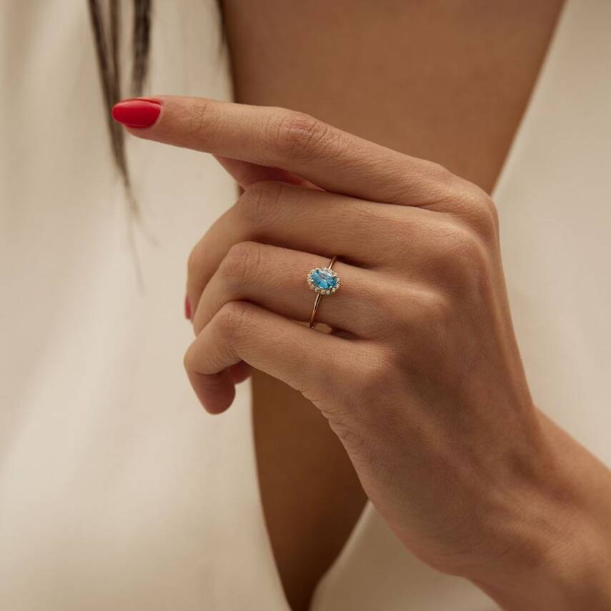 Mavi Yuvarlak Baget Taşlı Altın Yüzük - 1