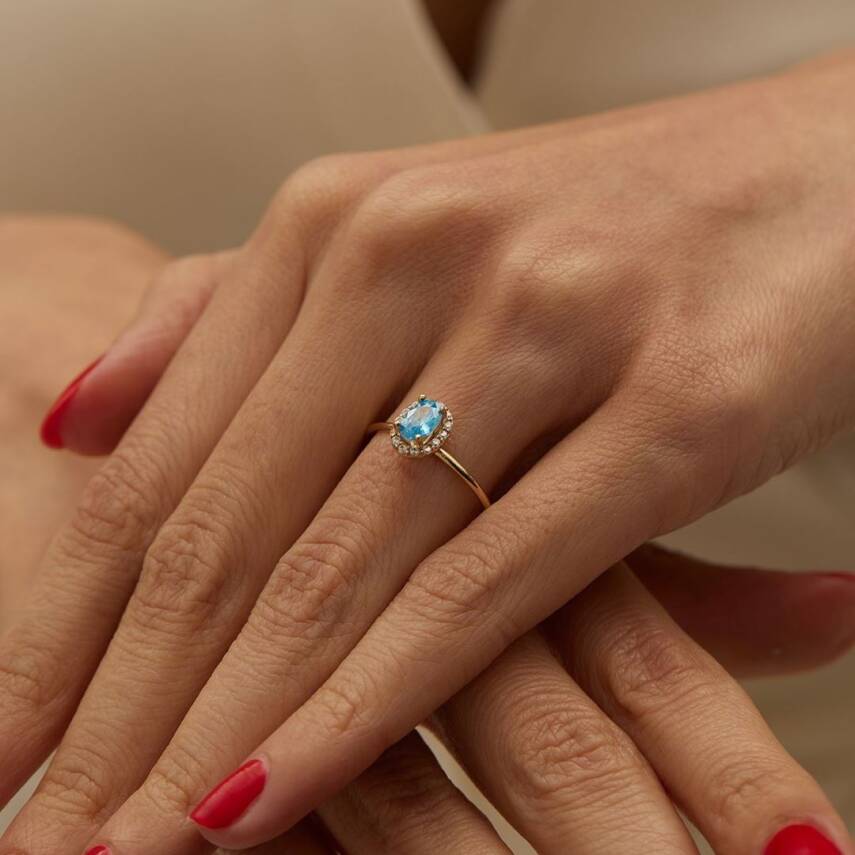 Mavi Yuvarlak Baget Taşlı Altın Yüzük - 2