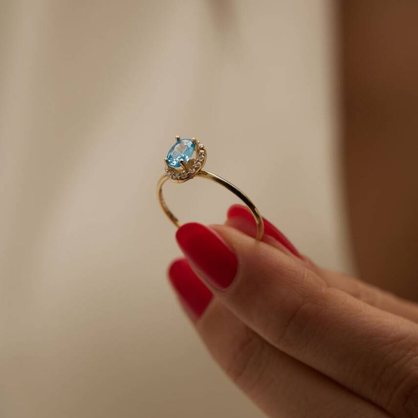 Mavi Yuvarlak Baget Taşlı Altın Yüzük - 3