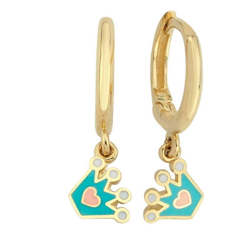 Mineli Kalpli Kraliçe Taç Sallantılı Altın Çocuk Küpesi - 1