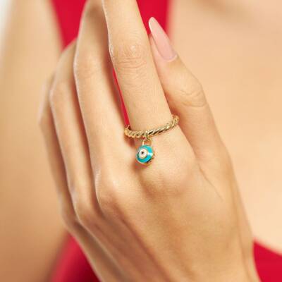 Mineli Nazar Boncuğu Sallantılı CETAŞ Altın Yüzük - 1