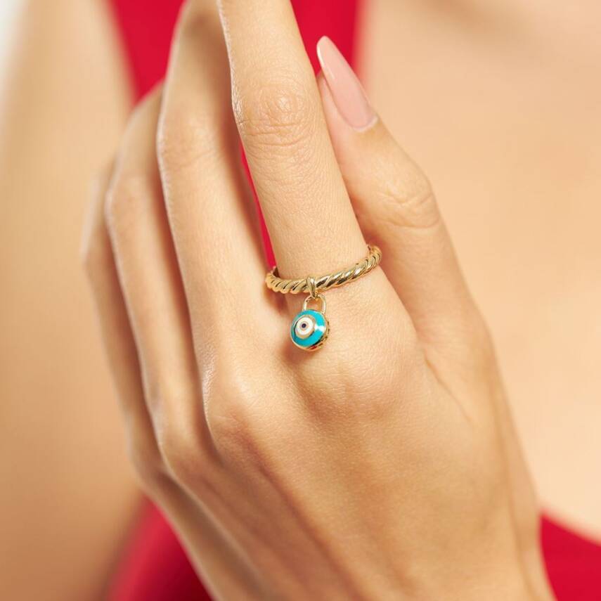 Mineli Nazar Boncuğu Sallantılı CETAŞ Altın Yüzük - 1