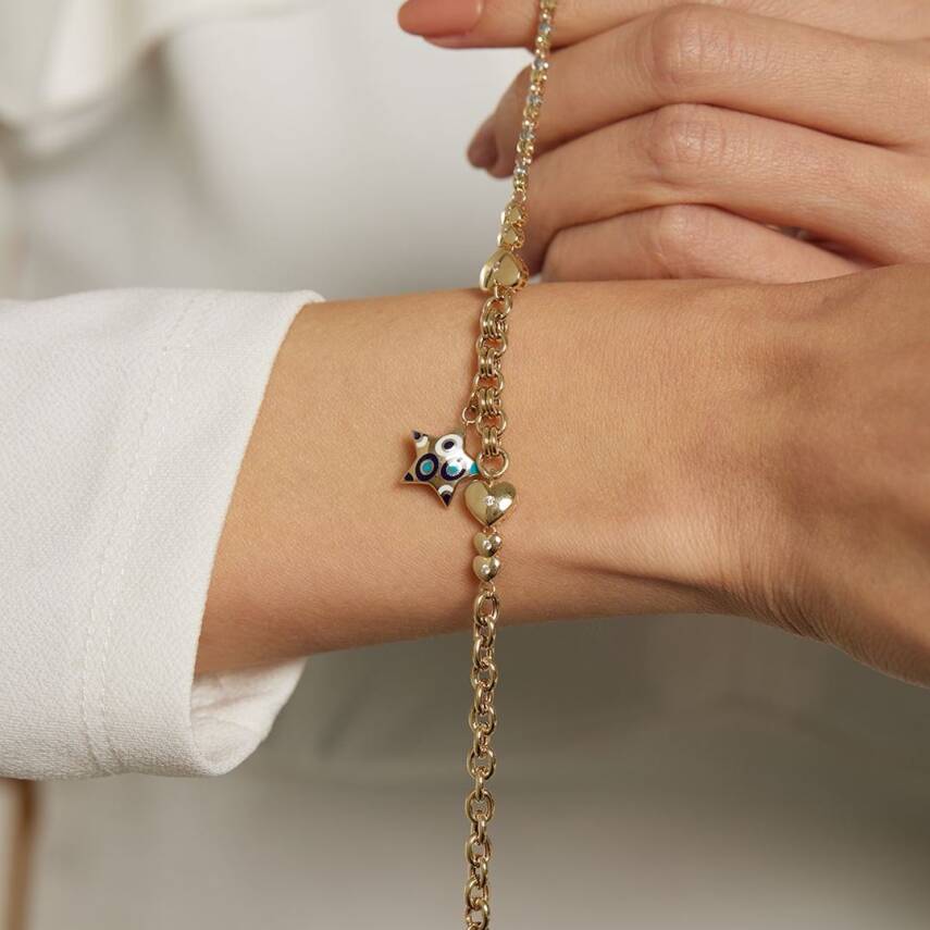 Mineli Yıldız Sallantılı Kalpli Altın Zincir Bileklik - Semih Haşhaş Kuyumculuk