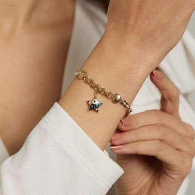 Mineli Yıldız Sallantılı Kalpli Altın Zincir Bileklik - 2