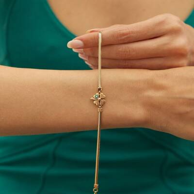 Mineli Yonca Balıksırtı Zincir Altın Bileklik - 1