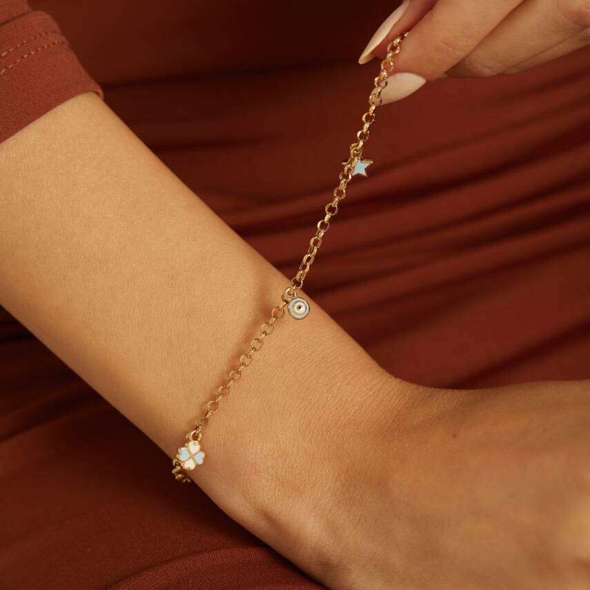 Mineli Yonca Ve Nazar Boncuklu Şans Altın Bilekliği - Semih Haşhaş Kuyumculuk