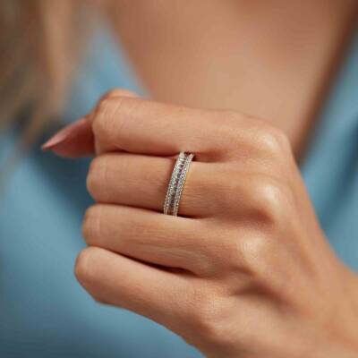 Minimal Baget Taşlı Beyaz Altın Yüzük - 1