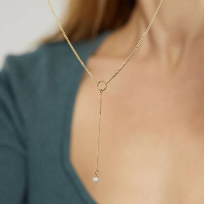 Minimal İnci Sallantılı Altın Zincir Tasarım Kolye - 3