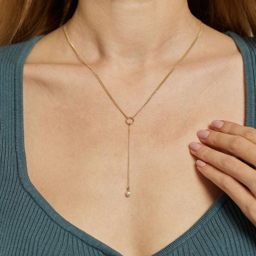 Minimal İnci Sallantılı Altın Zincir Tasarım Kolye - Semih Haşhaş Kuyumculuk