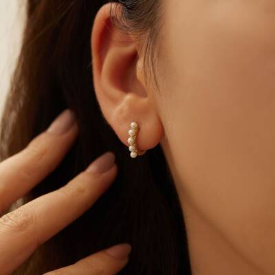 Minimal İncili Halka Altın Küpe - 2