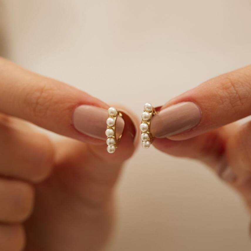 Minimal İncili Halka Altın Küpe - 3