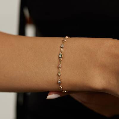 Minimal Nazar Boncuklu Ve Dorikalı Altın Bileklik - 1