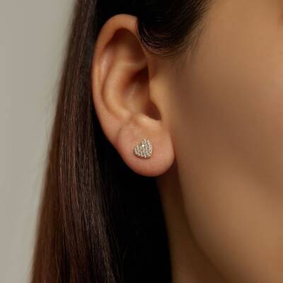 Minimal Taşlı Kalp Altın Küpe - 1