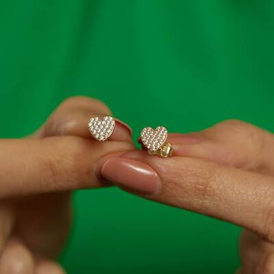 Minimal Taşlı Kalp Altın Küpe - 2