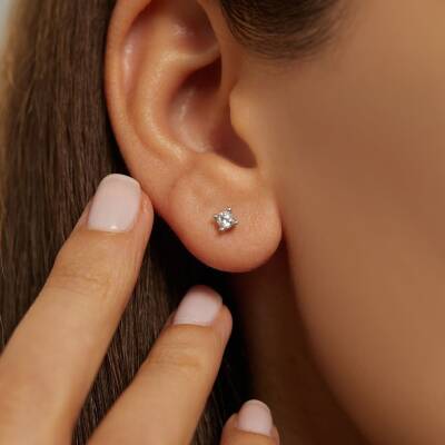 Minimal Tektaş Beyaz Altın Küpe - 2