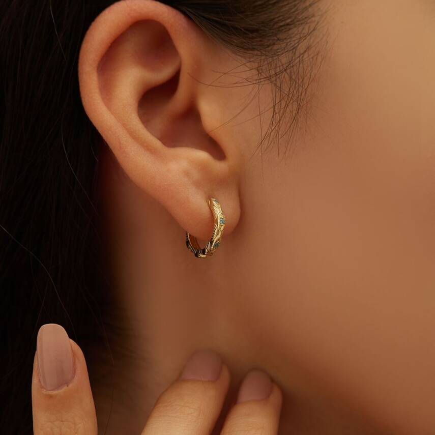 Minimal Turkuaz Taşlı Altın Halka Küpe - Semih Haşhaş Kuyumculuk