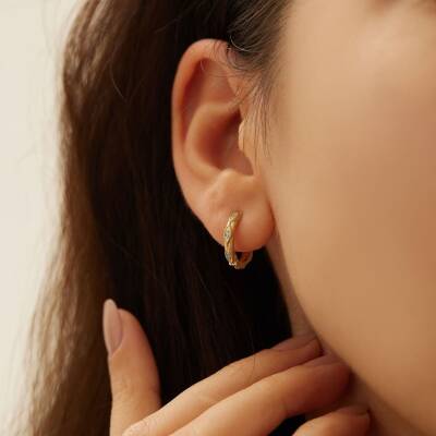 Minimal Turkuaz Taşlı Altın Halka Küpe - 2