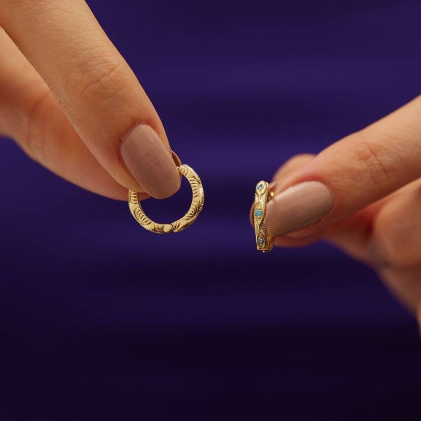 Minimal Turkuaz Taşlı Altın Halka Küpe - 3