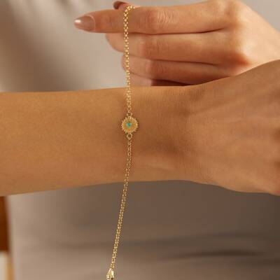 Minimal Turkuaz Taşlı Güneş Altın Bileklik - 1