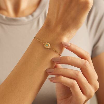 Minimal Turkuaz Taşlı Güneş Altın Bileklik - 2