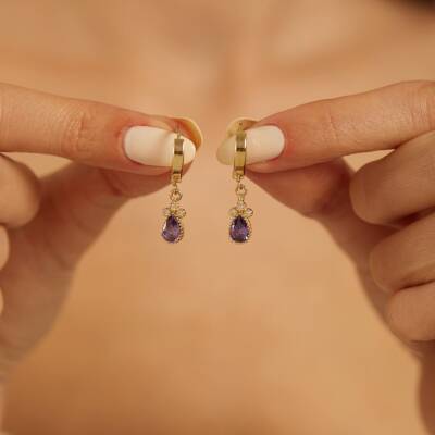 Mor Damla Taş Sallantılı Altın Küpe - 1