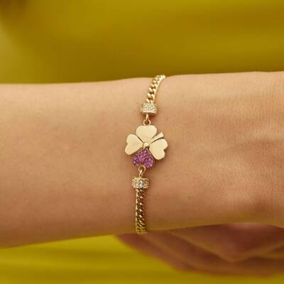 Mor Taşlı Yoncalı Altın Bileklik - 1