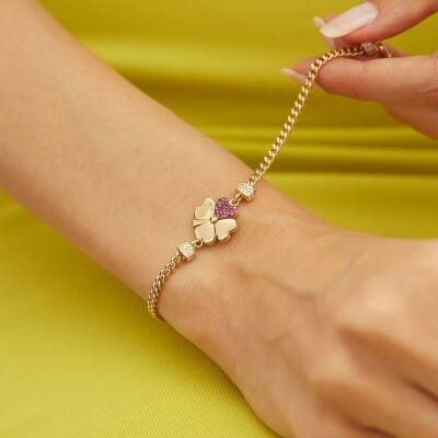 Mor Taşlı Yoncalı Altın Bileklik - 2